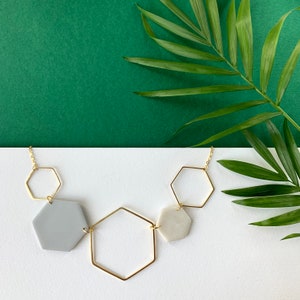 Gold Hexagon Statement Necklace - Grey & Pearlescent White