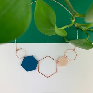 Rose Gold Hexagon Statement Necklace - Denim Blue & Blush