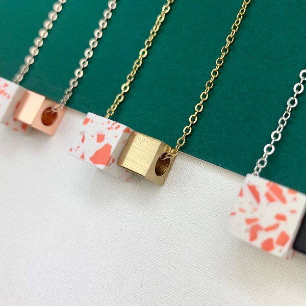 Jesmonite Cube Necklace - White & Coral Pink