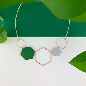 Rose Gold Hexagon Statement Necklace - Forest Green & Grey