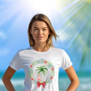 Tropical Holiday Flamingo Under a Palm Tree Tropical Christmas Shirt, Tropical Holiday Shirt, Tropical Womens Holiday Shirt