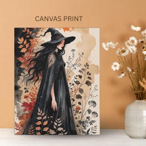 Autumn Witch Canvas Wall Art | Moody Fall Decor | Halloween Witch Print | Witchy Aesthetic Wall Hanging | 4 Sizes Available