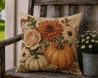 Cojín decorativo con estampado vintage de calabazas y flores otoñales - Disponible en 4 tamaños