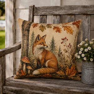 Könnte beinhalten: Ein quadratisches Zierkissen mit einem gewebten Wandteppichmotiv, das einen roten Fuchs in einem Wald zeigt. Die Szene umfasst einen Baumstamm, Tannen, Pilze, herbstliche Blätter in Orange- und Brauntönen sowie rote Beeren auf beigem Grund.