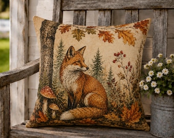 May include: A square throw cushion featuring a woven tapestry design of a red fox sitting in a forest. The scene includes a tree trunk, pine trees, mushrooms, autumn leaves in shades of orange and brown, and red berries on a beige background.