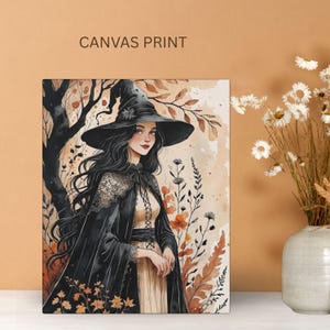 Autumn Witch Canvas Wall Art | Moody Fall Decor | Halloween Witch Print | Witchy Aesthetic Wall Hanging | 4 Sizes Available