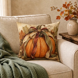 May include: A square throw pillow featuring a printed illustration of a large orange pumpkin centered on a cream background. The pumpkin is adorned with a decorative multi-colored ribbon tied in a bow, surrounded by autumn leaves and foliage.