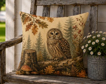 May include: A square throw pillow featuring a woven tapestry design of a brown owl perched on a fallen log. The scene includes a forest background with pine trees, oak leaves, acorns, and a mushroom growing near a tree stump in warm earth tones.