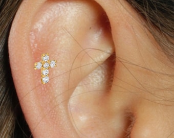 Diamond Cross Earring, Diamond Stud, 14K Gold Single Stud Earring, Conch Earring, Natural Diamonds, Helix Earring, Simple Earrings