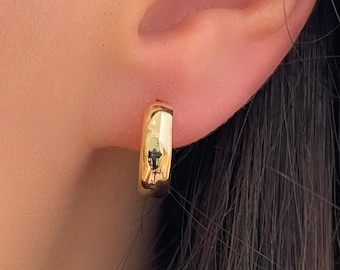 14k Gold Tube Hoops, Hinged Huggie Hoop Earrings