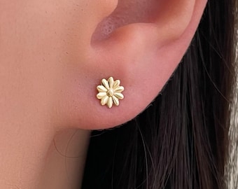 14k Gold Sunflower Earrings, Gold Flower Studs