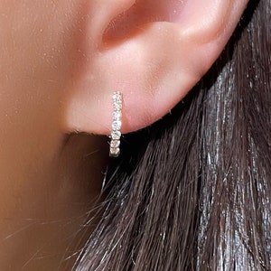 Diamond Huggie Hoop Earrings, 14k Solid Gold Diamond Hoops