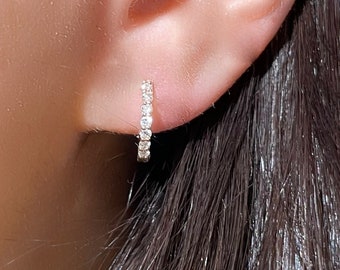 Diamond Huggie Hoop Earrings, 14k Solid Gold Diamond Hoops