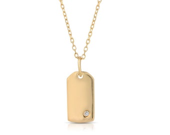 Tiny Diamond Dog Tag Necklace Solid 14k 