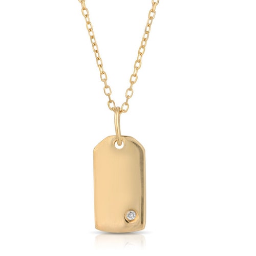 Tiny Diamond Dog Tag Necklace Solid 14k 