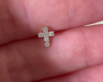 Diamond Cross Barbell Piercing, Diamond Stud, 14K Gold Single Stud Earring, Conch Earring, Helix Earring,