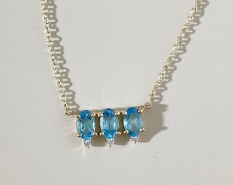 14k Gold Oval Blue Topaz Diamond Necklace