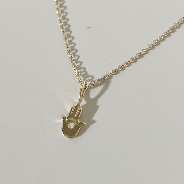 Tiny 14k Gold Diamond Hamsa Charm