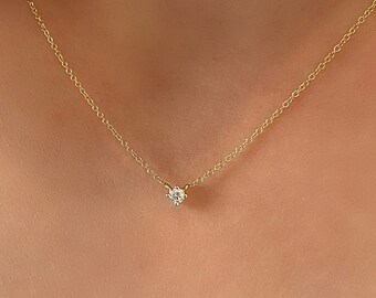 14k Yellow Gold Diamond Solitaire Necklace: Prong Setting
