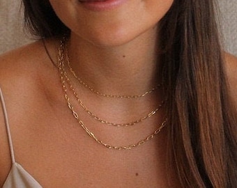 Layering Paperclip Chain Necklace, 14K Gold Paper Clip Necklace, Rectangle Chain Set, Long or Short Layering Necklace, Dainty Necklace