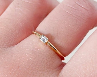 Diamond Baguette Ring, 14k Gold Baguette Diamond Engagement Ring, Thin Dainty Stacking Ring