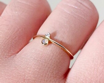 14K Gold Opal Ring with Diamond: Minimalist Stacking Band