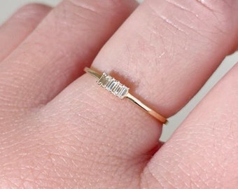 14k Gold Diamond Baguette Ring, Dainty Ring, Stacking Ring