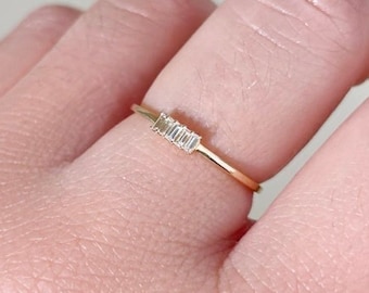 14k Gold Diamond Baguette Ring: Dainty Stacking Band