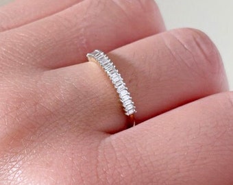 White Gold Diamond Baguette Wedding Band, Stackable 14k Gold Ring