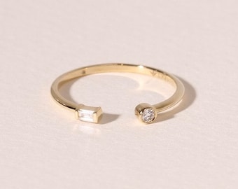 Dual Diamond Ring, 14k Gold Diamond Cuff Ring, Open Design Diamond Ring, Promise Ring, Stackable Ring