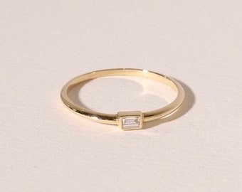 Baguette Diamond Ring, 14k Gold Diamond Ring, Dainty Baguette Bezel Diamond Ring