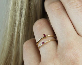 14K Gold Red Ruby Baguette Ring: Dainty Stacking Ring