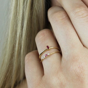 Birthstone Red Ruby Baguette Ring, Dainty Gemstone Stacking Ring, Best Friend Gift