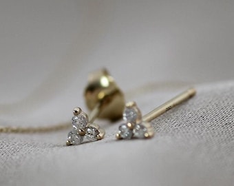 Trio Diamond Stud Earrings, Trinity Diamond Studs, Small Diamond Earrings, Everyday Earrings, Dainty Earrings, 14K Gold Diamond Earrings