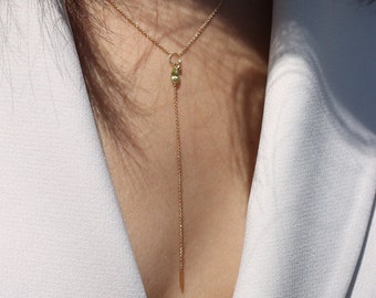 14K Gold Olivine Gemstone Lariat Necklace