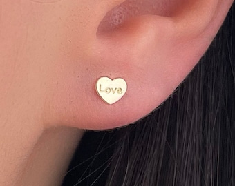 14k Gold Heart Stud Earrings, Love Earrings