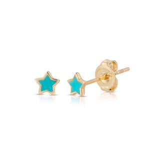 14k Gold Blue Enamel Star Stud Earrings