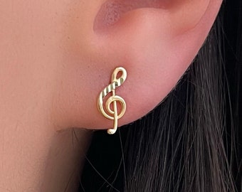 14k Gold Treble Clef Stud Earrings: Music Lover Gift