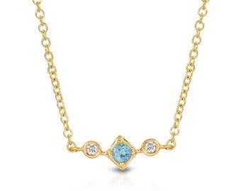 14k Gold Diamond and Blue Topaz Trio Necklace, Geometric Necklace, Dainty Necklace, Gemstone Necklace, Minimalist Necklace, Gift Ideas
