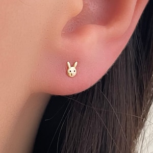 Bunny Rabbit Stud Earrings, Solid 14k Gold Earrings