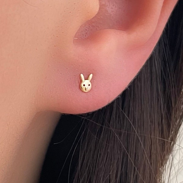 Bunny Rabbit Stud Earrings, Solid 14k Gold Earrings