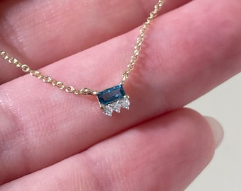 14k Blue Topaz Necklace, Diamond Necklace