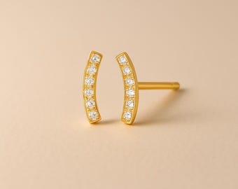 14k Gold Diamond Arc Stud Earrings: Minimalist Curved Bar Design