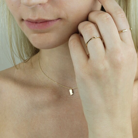 Tiny Diamond Dog Tag Necklace Solid 14k 