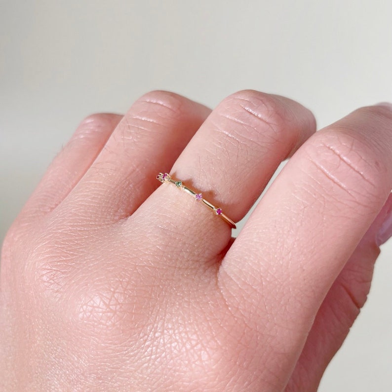 Thin Gemstone Ring, 14K Gold Gemstone Stacking Ring, Colorful Rings, Multi Stone Ring, Birthstone Ring, Boho Rings Emerald Sapphire Ruby image 2
