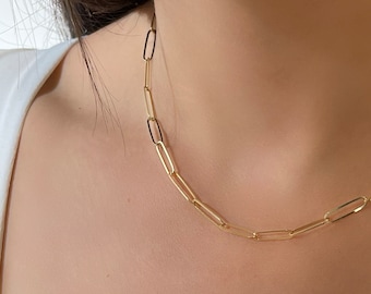 14k Gold Thin Paperclip Chain Necklace, Gold Layering Necklace, Unisex Chain Necklace, Rectangle Link Chain, Dainty Paper Clip Chain