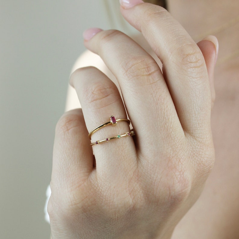 Thin Gemstone Ring, 14K Gold Gemstone Stacking Ring, Colorful Rings, Multi Stone Ring, Birthstone Ring, Boho Rings Emerald Sapphire Ruby image 4