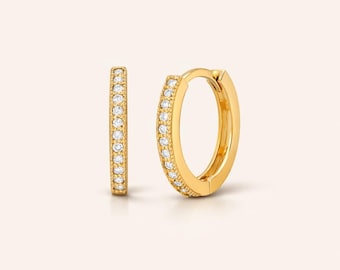 14K Gold Diamond Huggie Hoop Earrings, Dainty Natural Diamond Hoops, Minimalist Everyday Wear