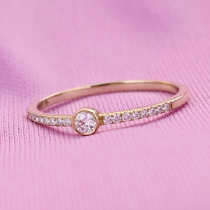 14k Gold Round Diamond Pavé Bezel Ring, Solitaire Ring