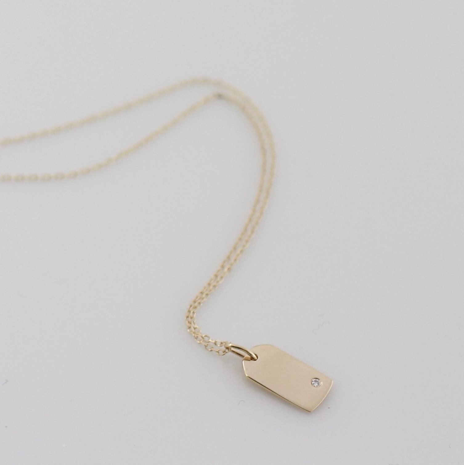 Tiny Diamond Dog Tag Necklace Solid 14k 